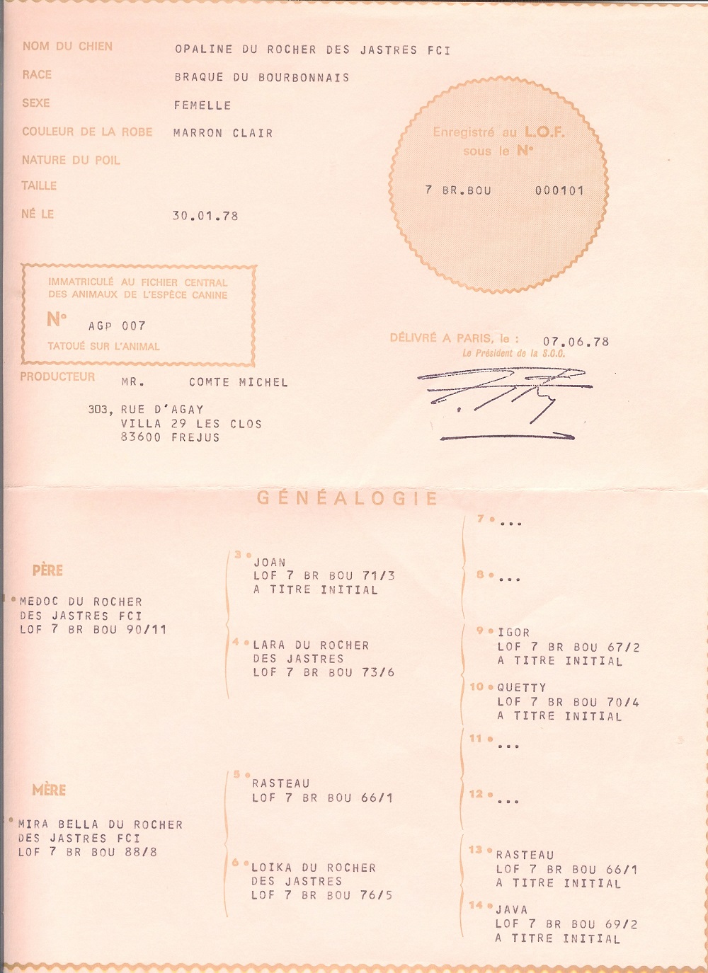 Certificat de naissance d'Opaline du Rocher des Jastres