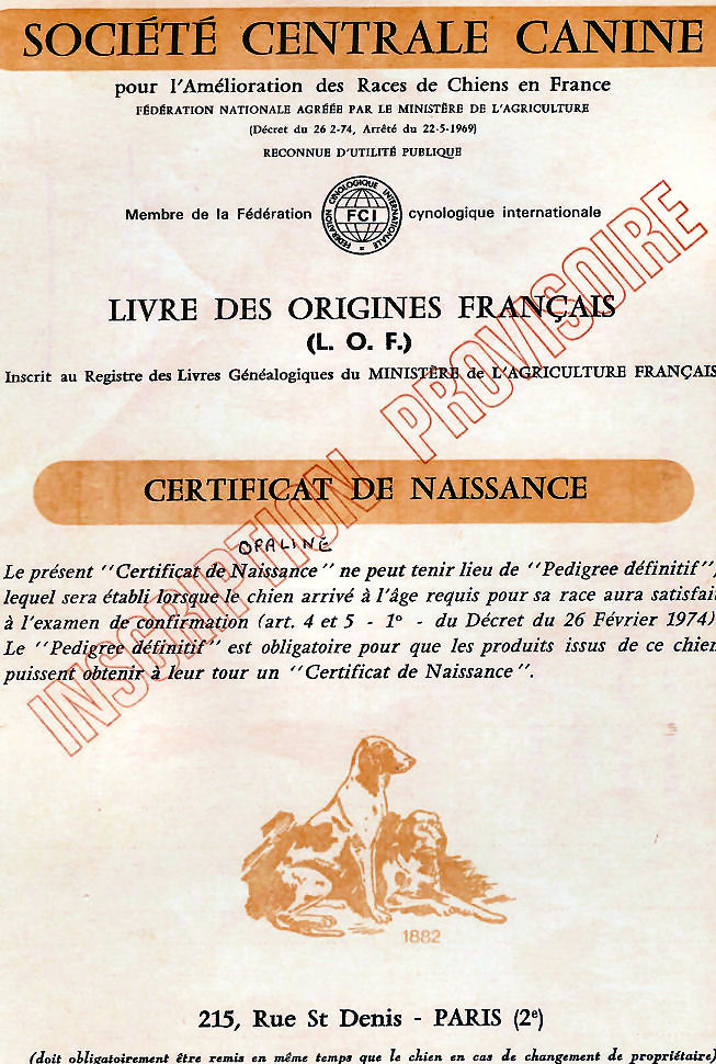 Certificat de naissance d'Opaline du Rocher des Jastres